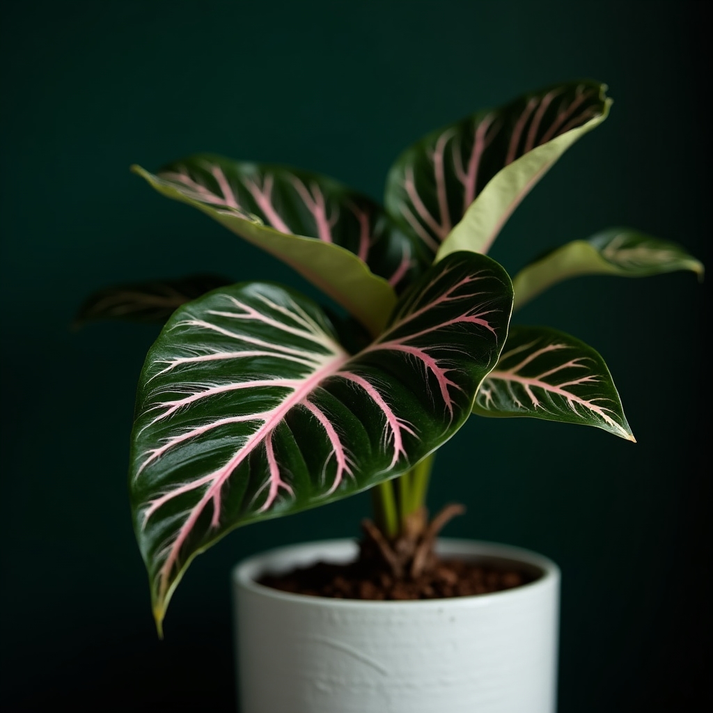 Calathea ornata with striking pink-striped dark green leaves in a white ceramic pot