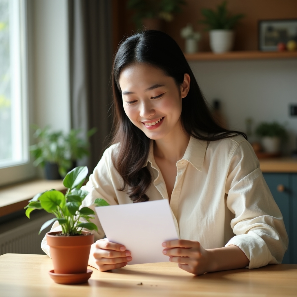 Person reading a plant care card at a kitchen table with a new plant nearby