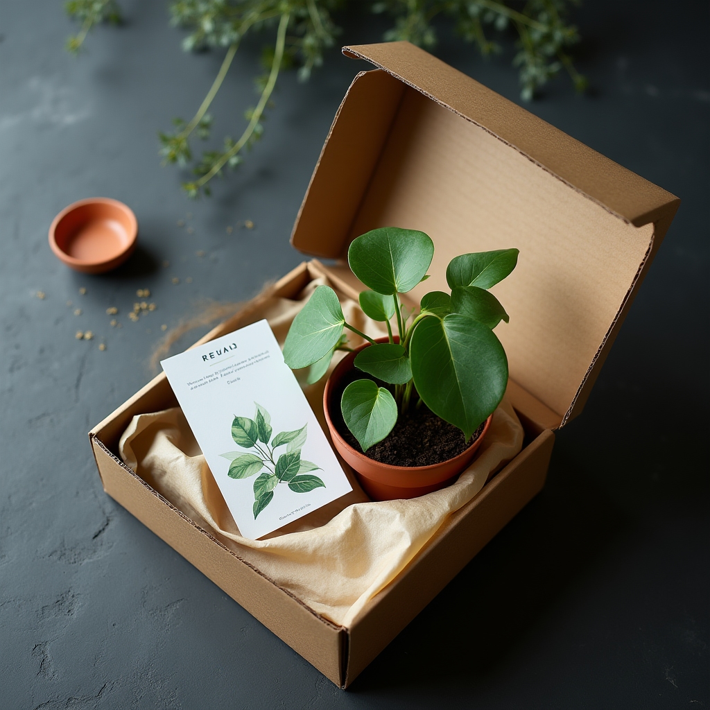 Monthly plant delivery box with care card and terracotta saucer accessory