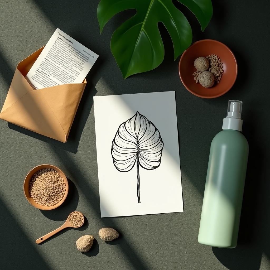 Care card, seasonal tip sheet, and mister accessory laid out beside a small potted plant